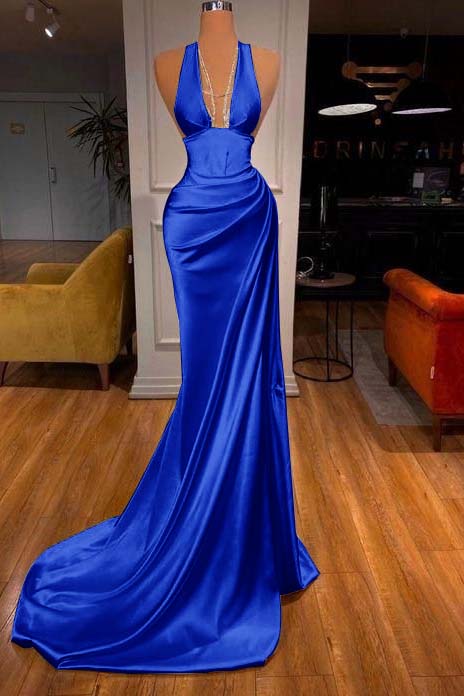 Halter Deep V Neck Sleeveless Mermaid Long Formal Dress Elegant With Ruffles