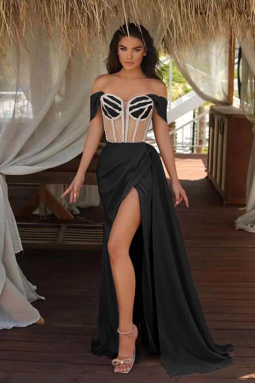 Champagne Ruffles Mermaid Formal Dress Beadings Split With Off the Shoulder