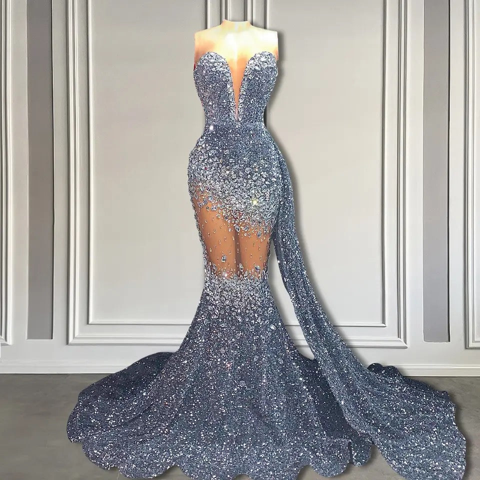 Glamorous V-Neck Sequins Prom Dresses Mermaid Sleeveless Crystal