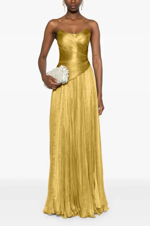 Chic Strapless Sleeveless Long Formal Dress With Ruffles Pleated