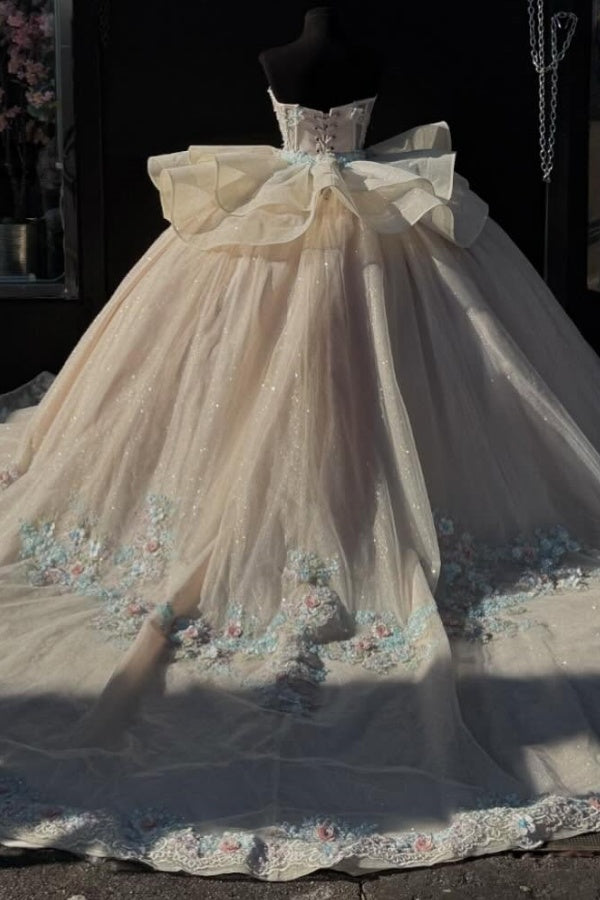 Champagne Quinceanera Dress Strapless Tiered Tulle Gown with 3D Floral Appliques & Lace-Up Detail for Sweet 16 & Birthday Parties