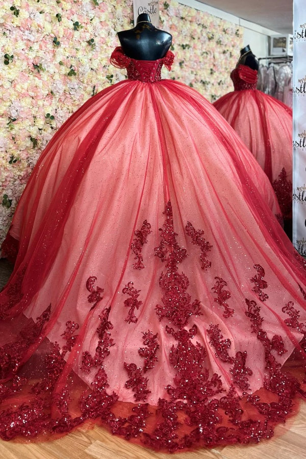 Off-Shoulder Ball Gown Beaded Sequins Pleated Tulle & Lace-Up Corset for Quinceanera Sweet 16 and Birthday Galas