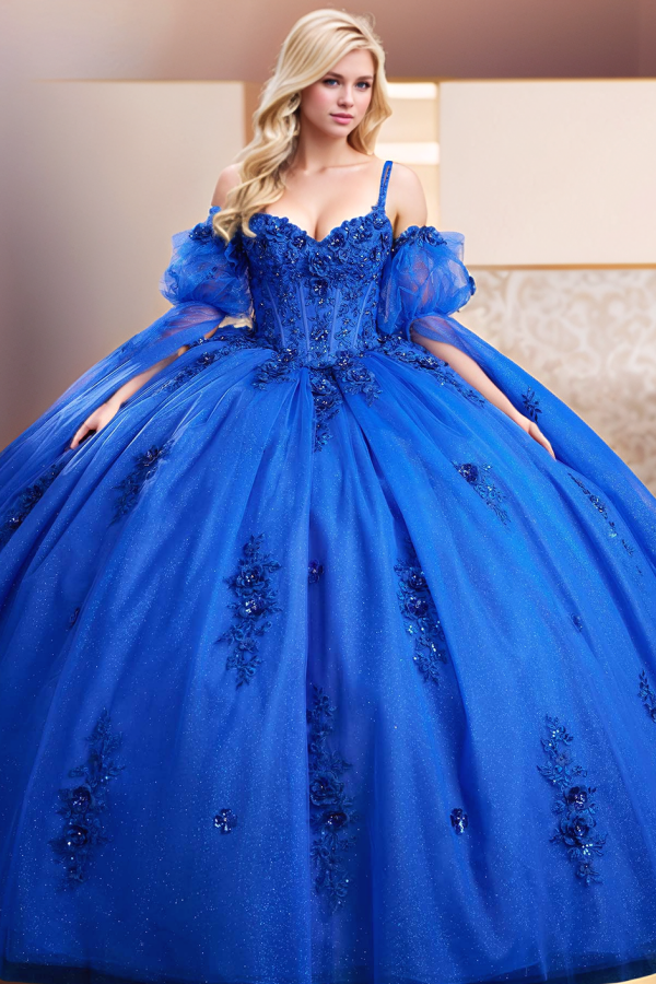 Royal Blue Tulle Quinceanera Dress Sweetheart Neckline Detachable Beaded Sleeves & Tiered Skirt for Sweet 16 & Evening Galas
