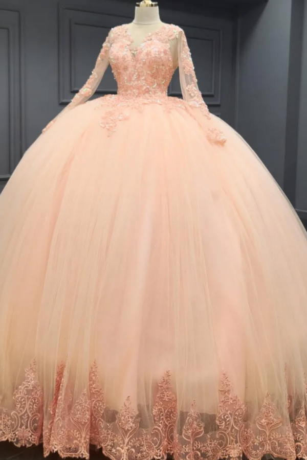 Pink Tulle Quinceanera Dress V-Neck Ball Gown with 3D Floral Appliques & Beaded Long Sleeves for Sweet 16 & Evening Galas