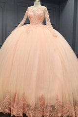Pink Tulle Quinceanera Dress V-Neck Ball Gown with 3D Floral Appliques & Beaded Long Sleeves for Sweet 16 & Evening Galas