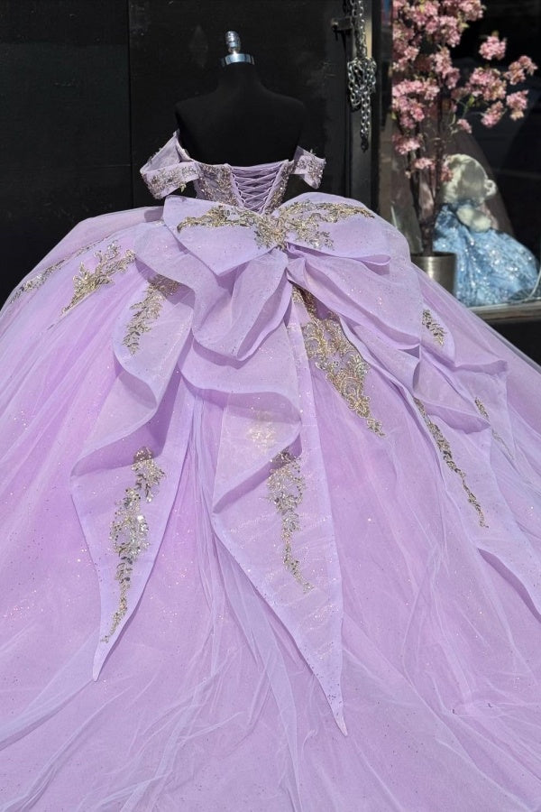 Gold-Sequined Lilac Ball Gown Off-Shoulder Sparkly Tulle Quinceanera & Sweet 16 Party Dress