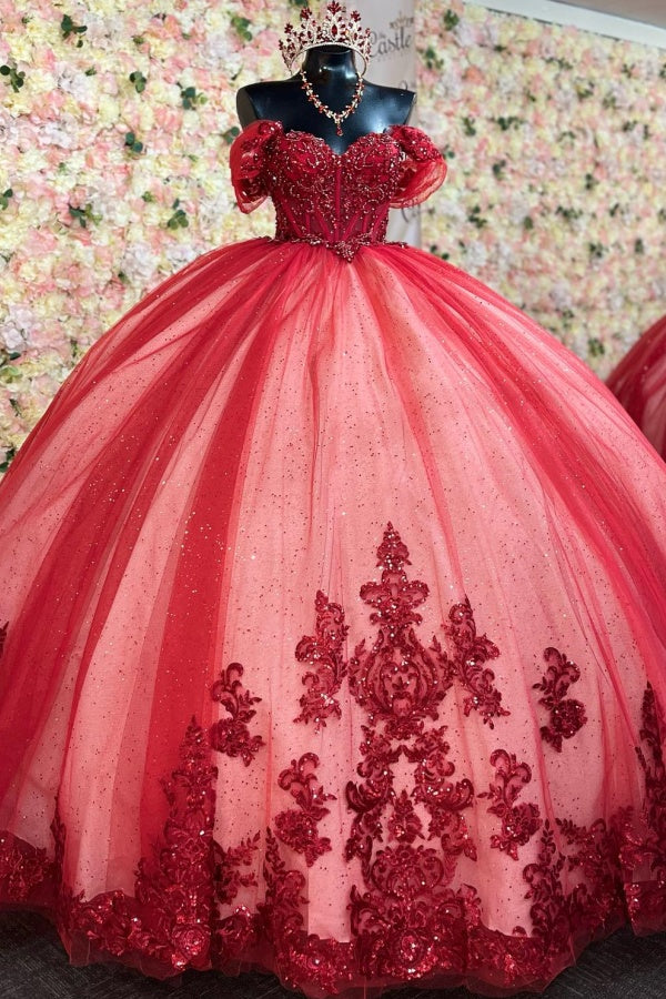 Off-Shoulder Ball Gown Beaded Sequins Pleated Tulle & Lace-Up Corset for Quinceanera Sweet 16 and Birthday Galas