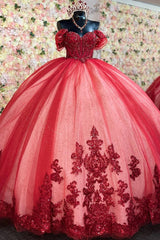 Off-Shoulder Ball Gown Beaded Sequins Pleated Tulle & Lace-Up Corset for Quinceanera Sweet 16 and Birthday Galas