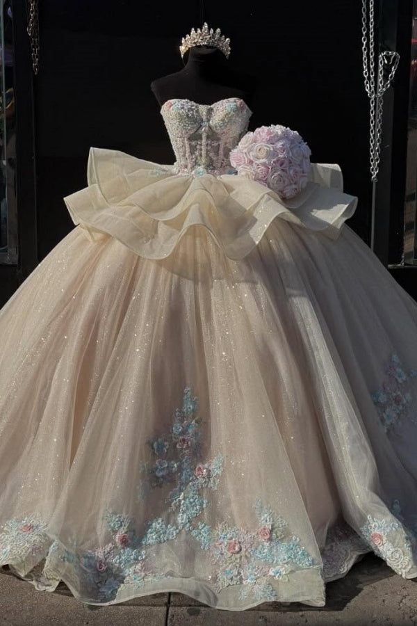Champagne Quinceanera Dress Strapless Tiered Tulle Gown with 3D Floral Appliques & Lace-Up Detail for Sweet 16 & Birthday Parties