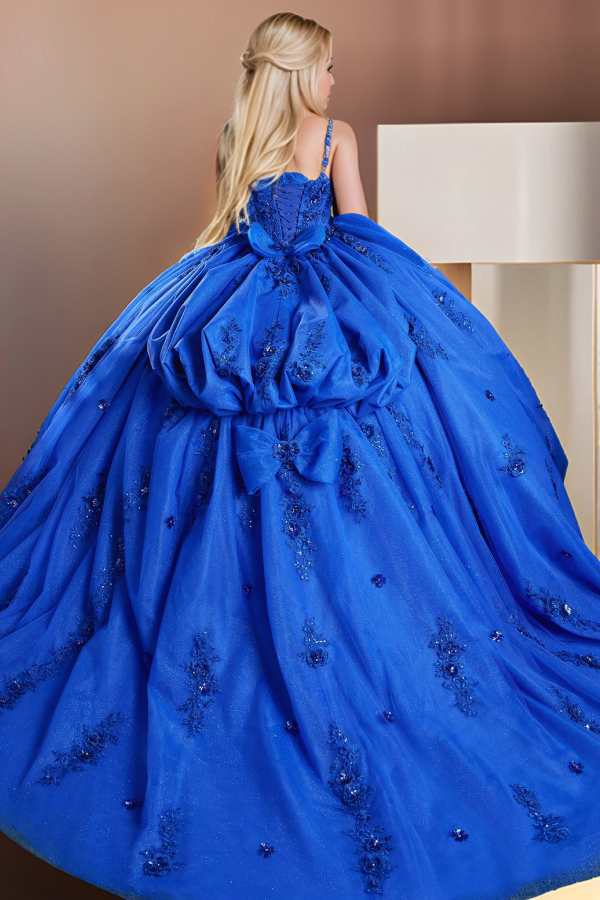 Royal Blue Tulle Quinceanera Dress Sweetheart Neckline Detachable Beaded Sleeves & Tiered Skirt for Sweet 16 & Evening Galas