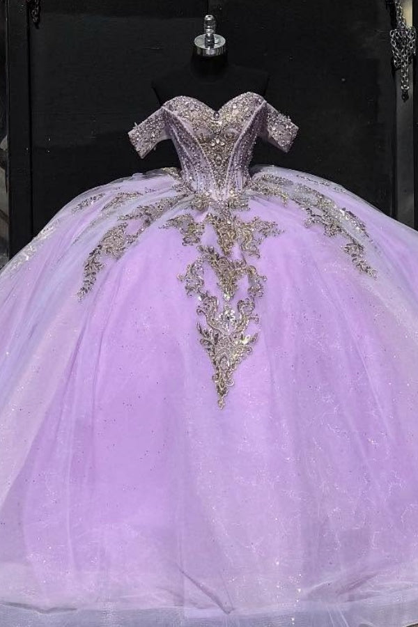 Gold-Sequined Lilac Ball Gown Off-Shoulder Sparkly Tulle Quinceanera & Sweet 16 Party Dress