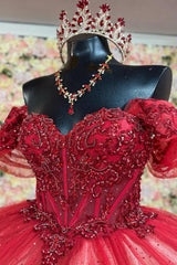 Off-Shoulder Ball Gown Beaded Sequins Pleated Tulle & Lace-Up Corset for Quinceanera Sweet 16 and Birthday Galas