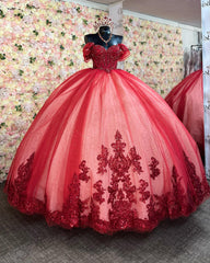 Off-Shoulder Ball Gown Beaded Sequins Pleated Tulle & Lace-Up Corset for Quinceanera Sweet 16 and Birthday Galas