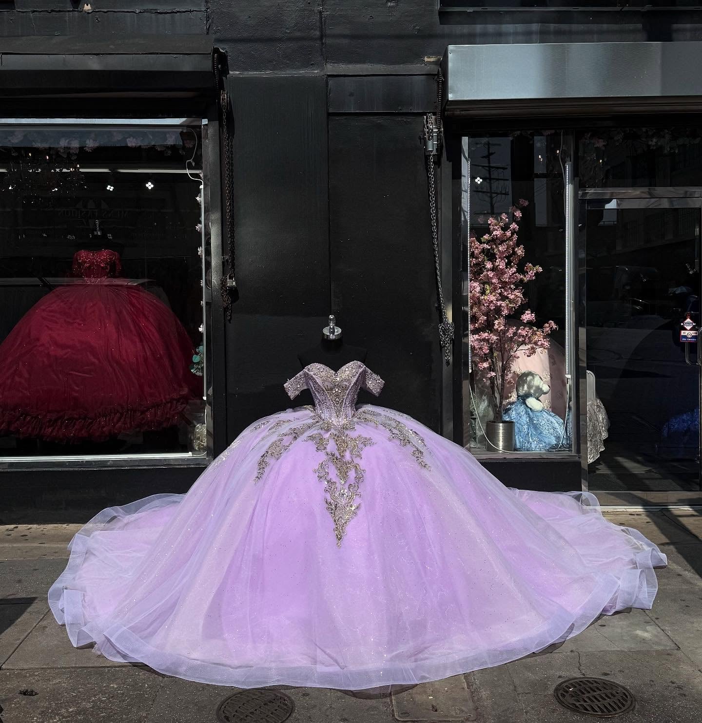 Gold-Sequined Lilac Ball Gown Off-Shoulder Sparkly Tulle Quinceanera & Sweet 16 Party Dress