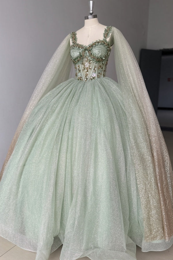 Sage Green Beaded Ball Gown Sweetheart Neckline Sparkling Tulle Quinceanera Dress for Sweet 16 & Formal Evenings