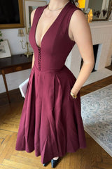 Straps V Neck Sleeveless Tea Length A Line Formal Dress With Pockets