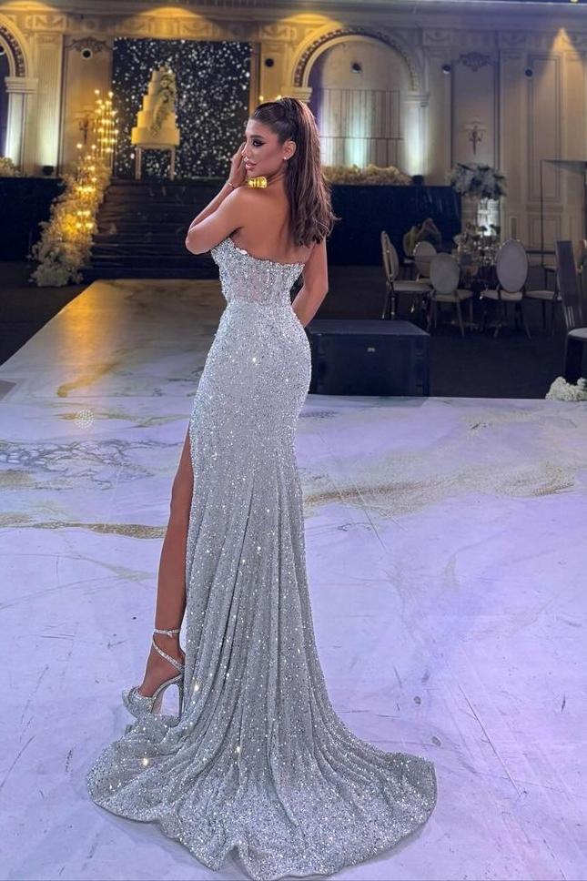 Sequins Strapless Sleeveless Split Long Formal Dress With Beading