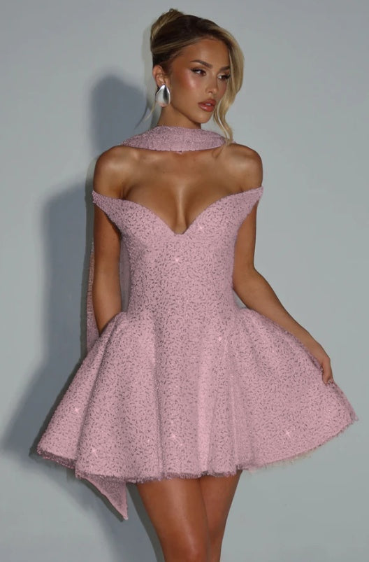 Off the Shoulder Sleeveless Short A Line Formal Dress With Sequin