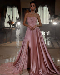 Pink Strapless A Line Sleeveless Sequins Long Formal Dress With Front Split