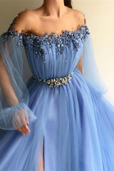 Newinlook Long Sleeves Off-the-Shoulder Evening Dress With Beads