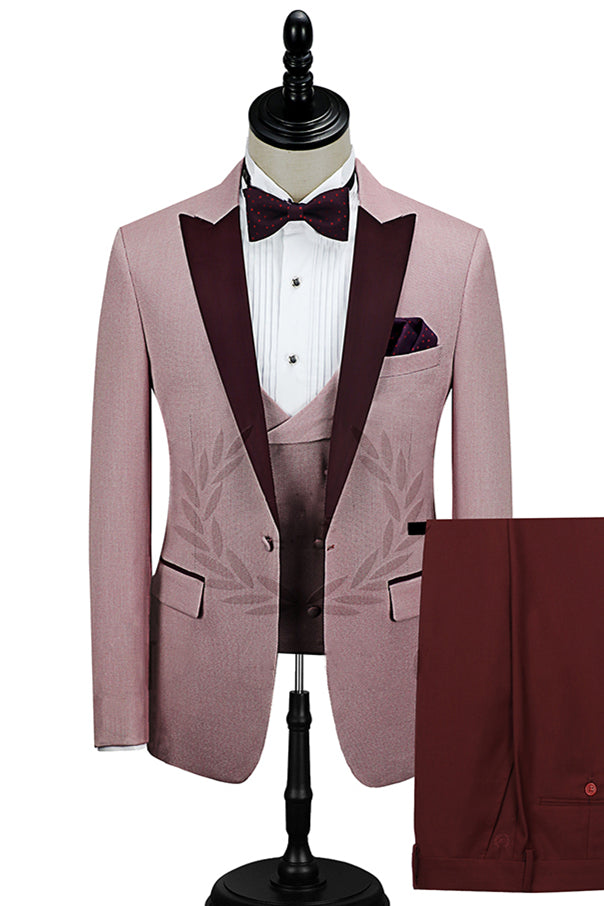 Newinlook Popular Burgundy Evening Suit with Peak Lapel and Pink One Button