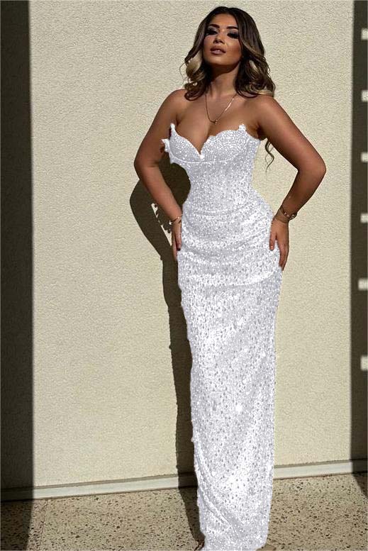 Chic Sequins Strapless Sleeveless High Waist Long Formal Dress With Beadings