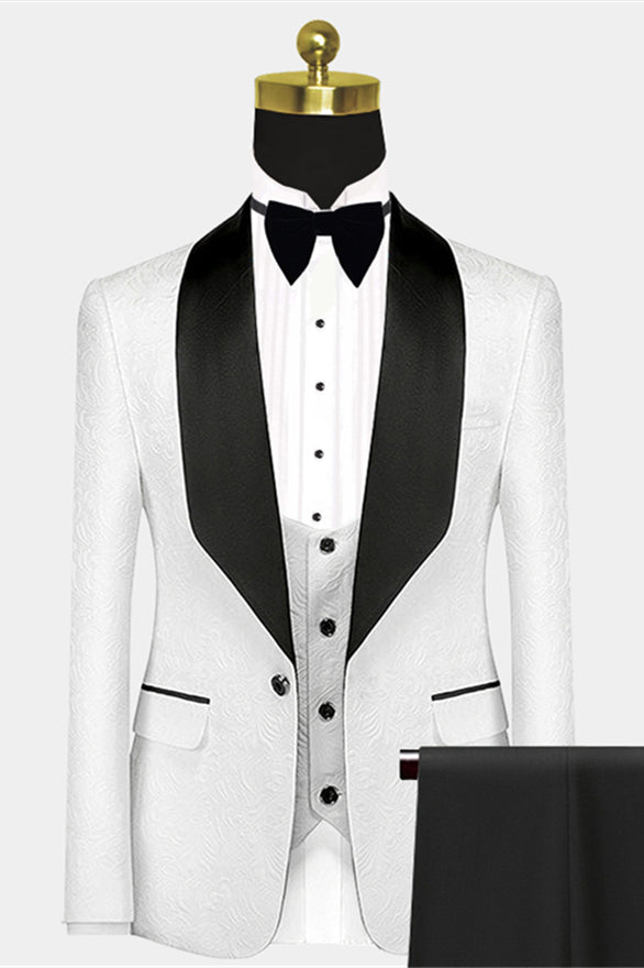 Newinlook Gentle White Jacquard Wedding Suit with Black Satin Lapel for Men