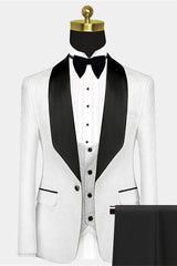 Newinlook Gentle White Jacquard Wedding Suit with Black Satin Lapel for Men