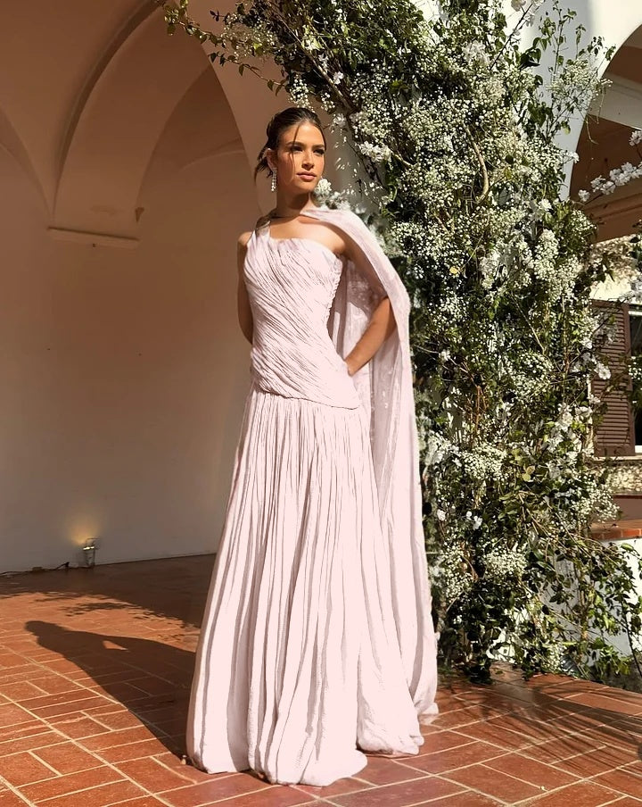 Chic One Shoulder Sleeveless Long Formal Dress With Pleated Shawl