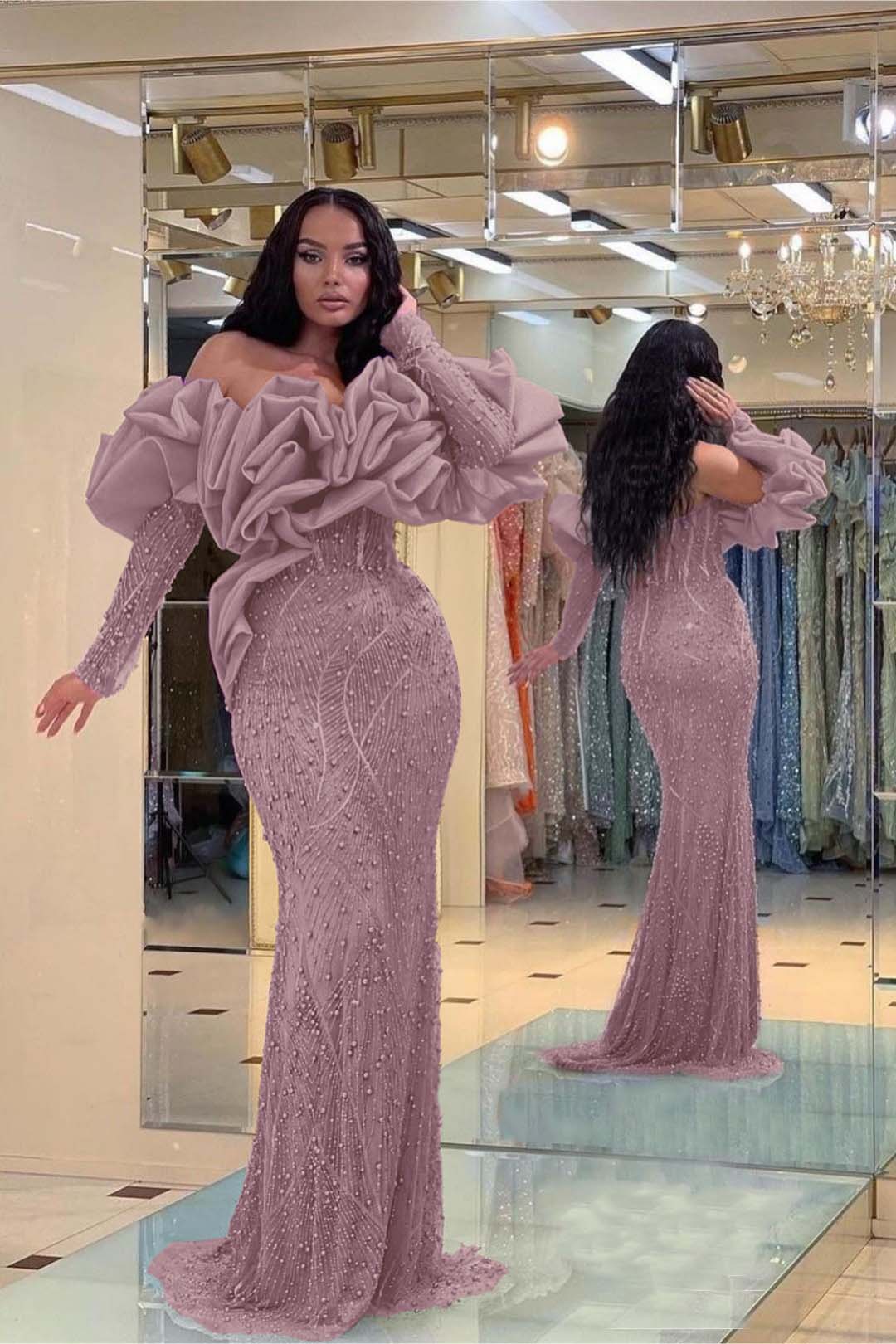 Formal Dress Purple Bubble Sleeves Long Strapless Sequins Beading
