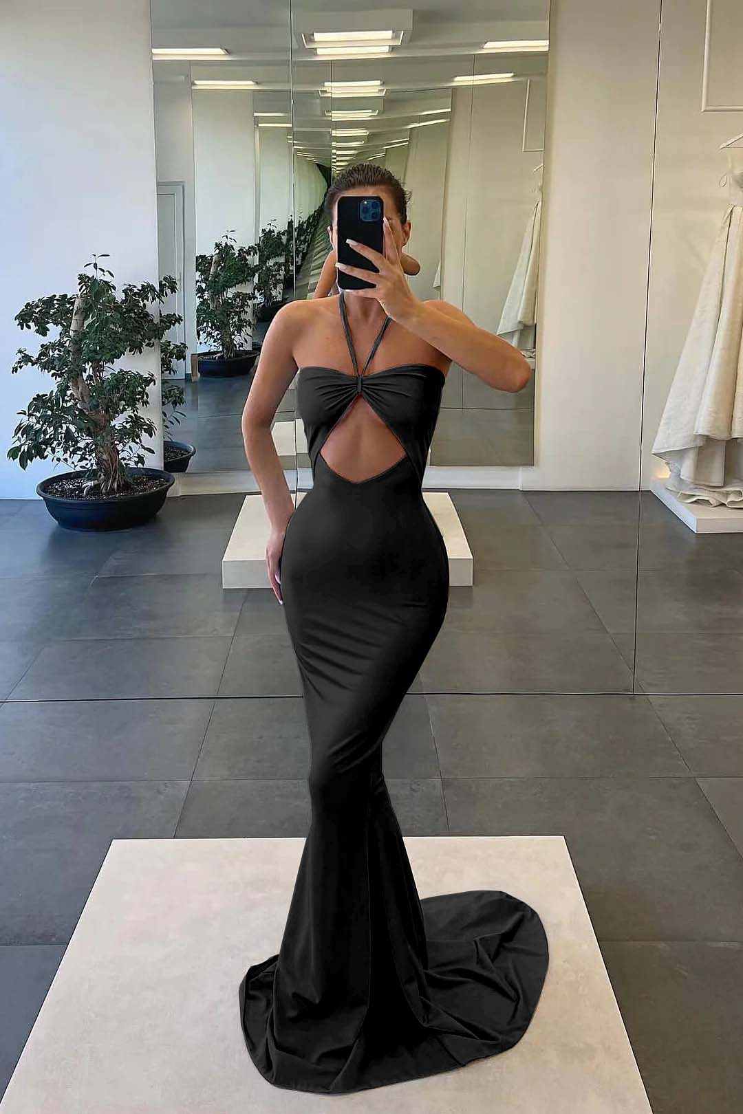 Newinlook Strapless Blue Mermaid Evening Dress With Sleeveless Halter