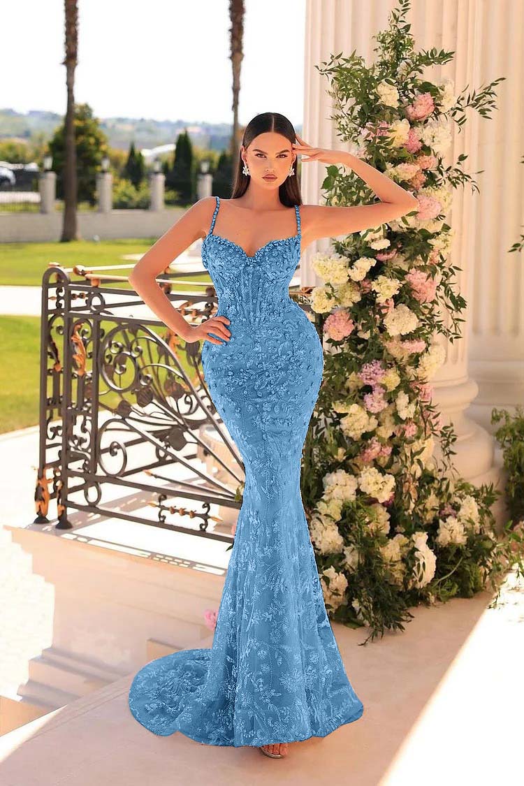 Spaghetti Strap Sleeveless Mermaid Appliques Long Formal Dress With Beadings
