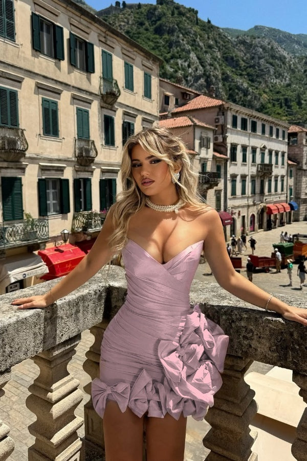 Strapless V Neck Sleeveless Short Formal Dress With Pleated Bowknot