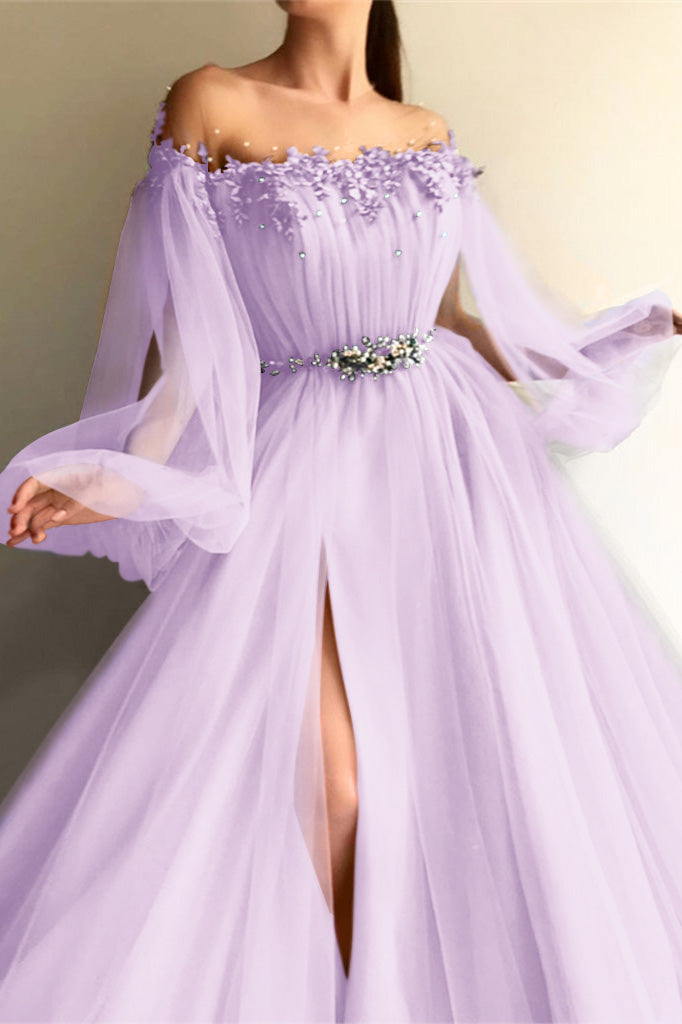 Newinlook Long Sleeves Off-the-Shoulder Evening Dress With Beads
