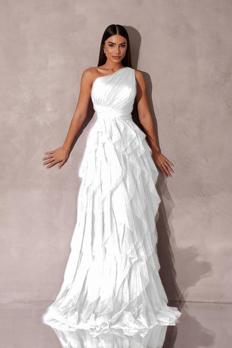 Chic One Shoulder Sleeveless Long Formal Dress With Tulle Ruffle
