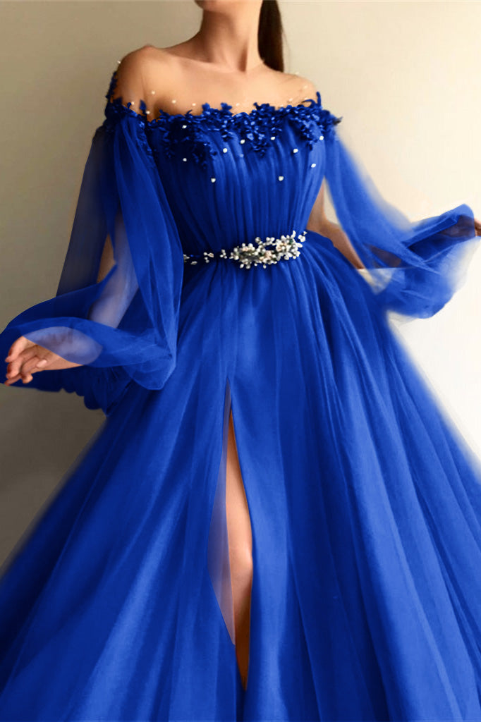 Newinlook Long Sleeves Off-the-Shoulder Evening Dress With Beads