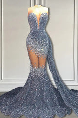 Glamorous V-Neck Sequins Prom Dresses Mermaid Sleeveless Crystal