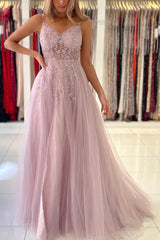 Newinlook Tulle Spaghetti Strap A-Line Evening Dress With Beadings