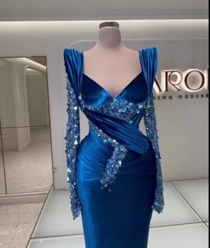 Formal Dress Royal Blue Long Sleeves Mermaid Charmeuse Beading