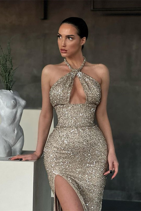 Newinlook Halter Sleeveless Mermaid Long Sequins Evening Dress With Split