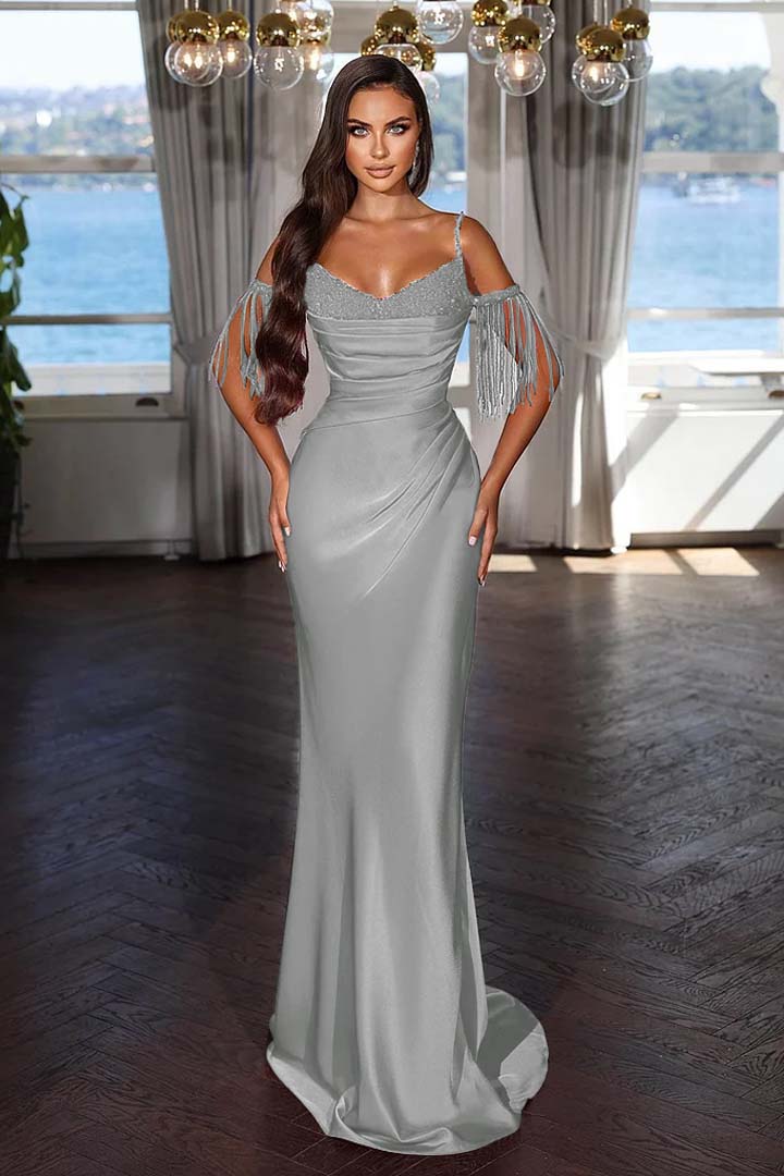 Newinlook Luxury Hot Pink Spaghetti Strap Mermaid Long Evening Dress With Chic Tassels and Sequins