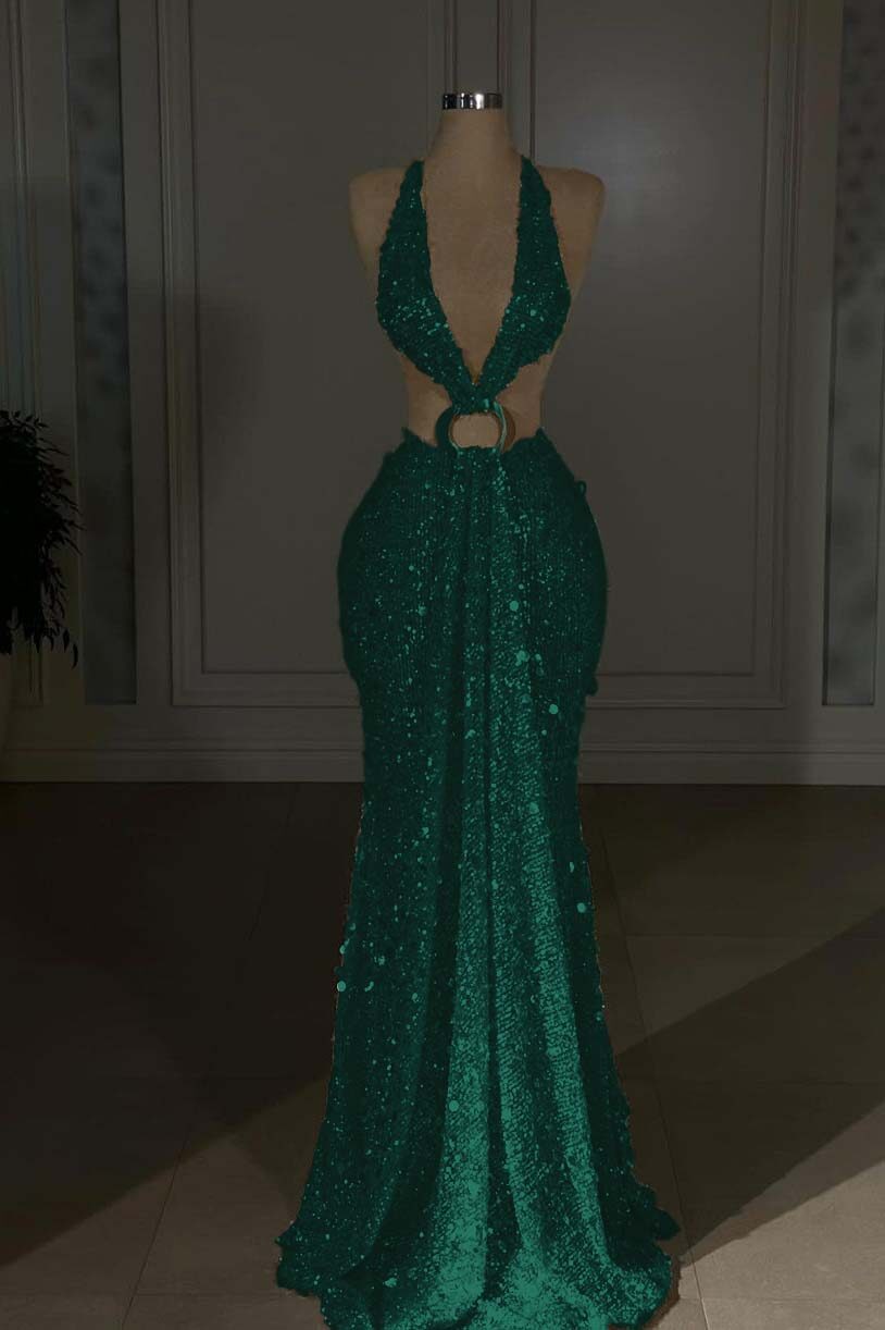 Halter Sleeveless Backless Long Mermaid Formal Dress With Sequins
