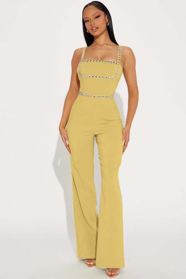 Newinlook Fashion Green Square Neck Spaghetti-Straps Slim Fit Jump Suit
