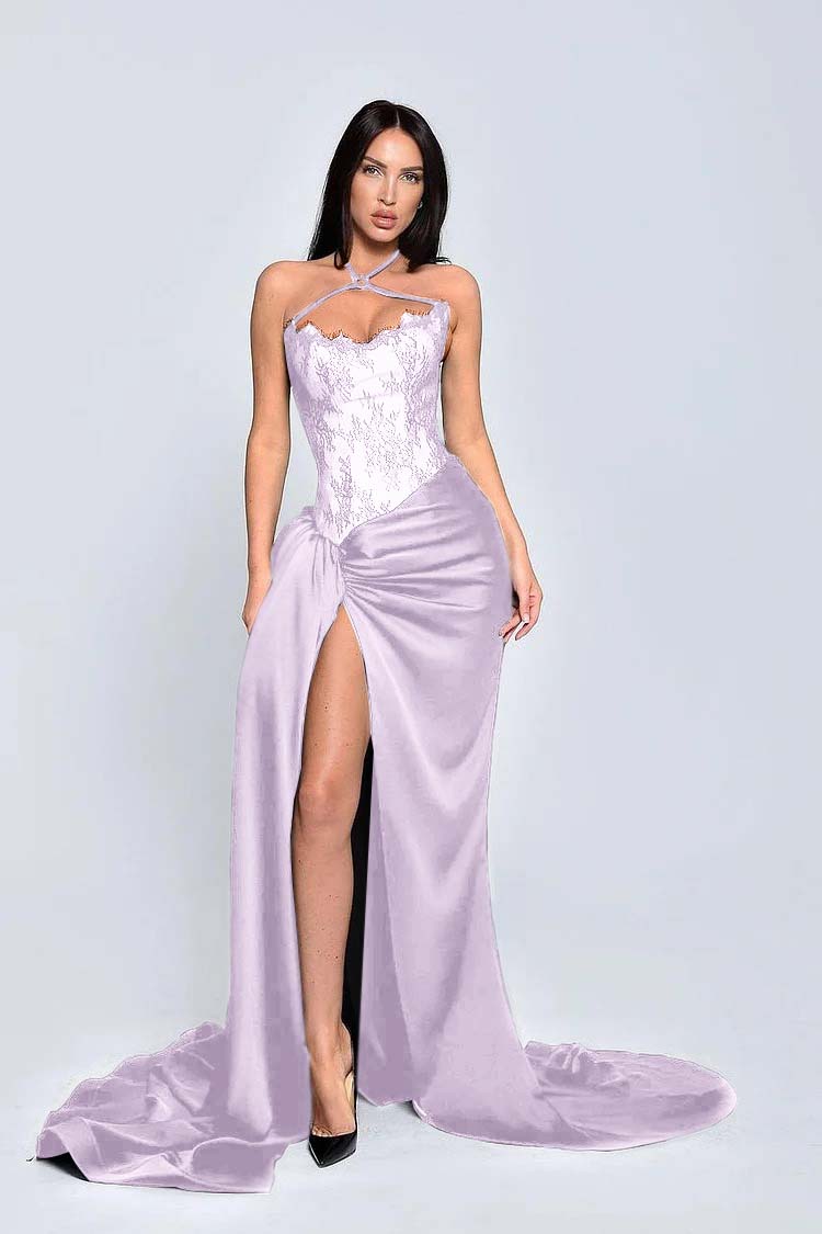Black Halter Sleeveless Appliques Long Formal Dress With High Split