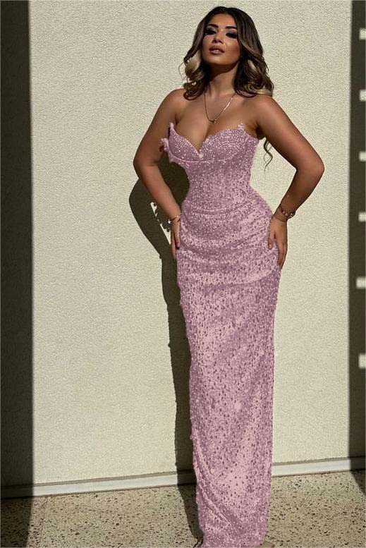 Chic Sequins Strapless Sleeveless High Waist Long Formal Dress With Beadings