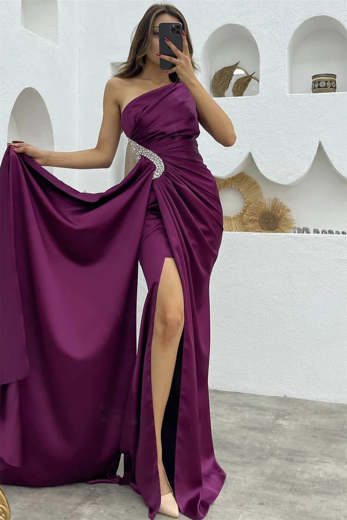 Black Sleeveless One Shoulder Long Split Pleated Formal Dress With Rhinestone