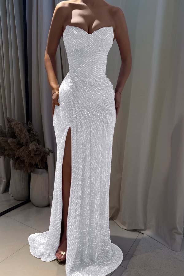 Strapless Sleeveless Mermaid Long Formal Dress With Split Pleated