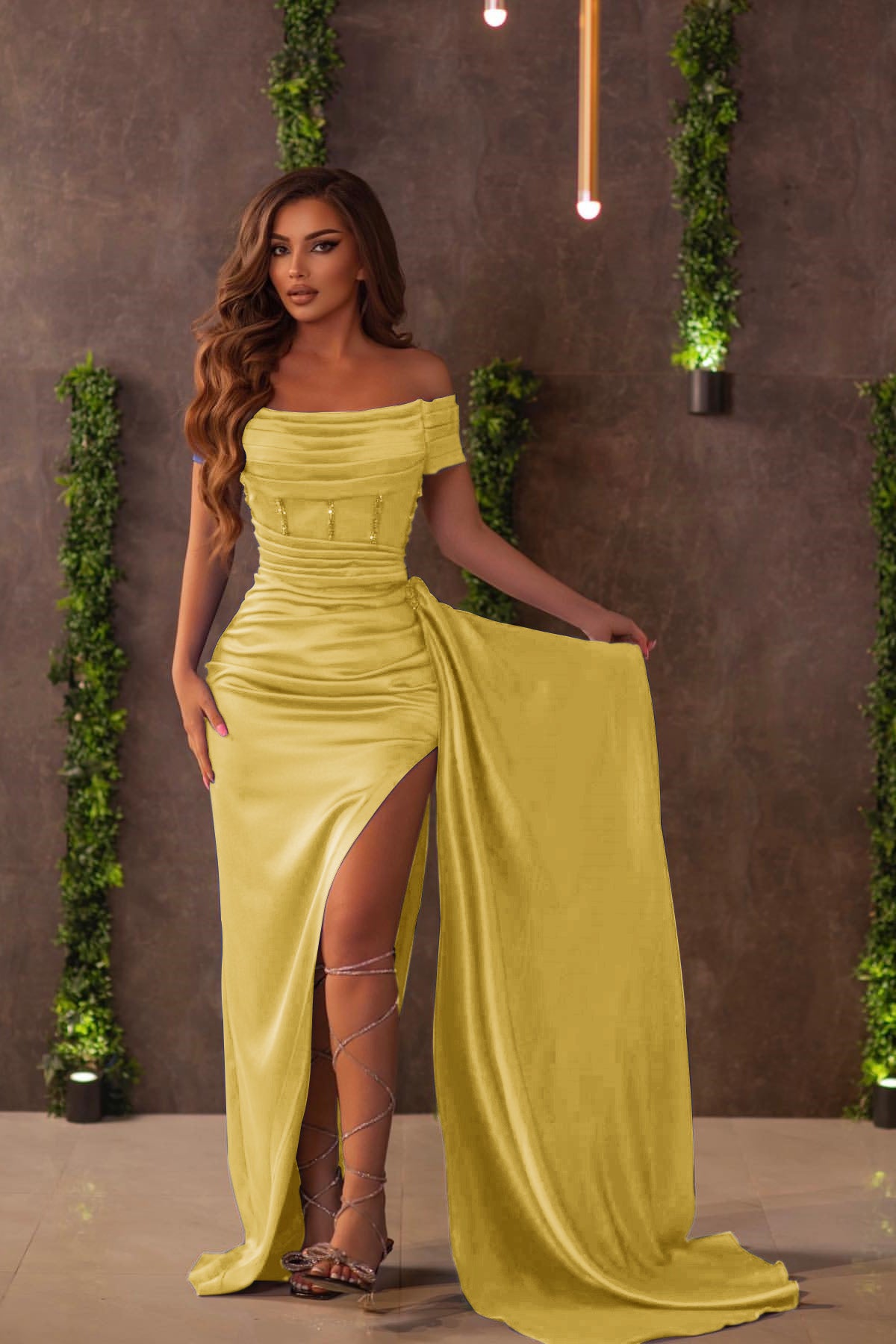 Newinlook Royal Blue Off-the-Shoulder Split Evening Dress With Ruffles