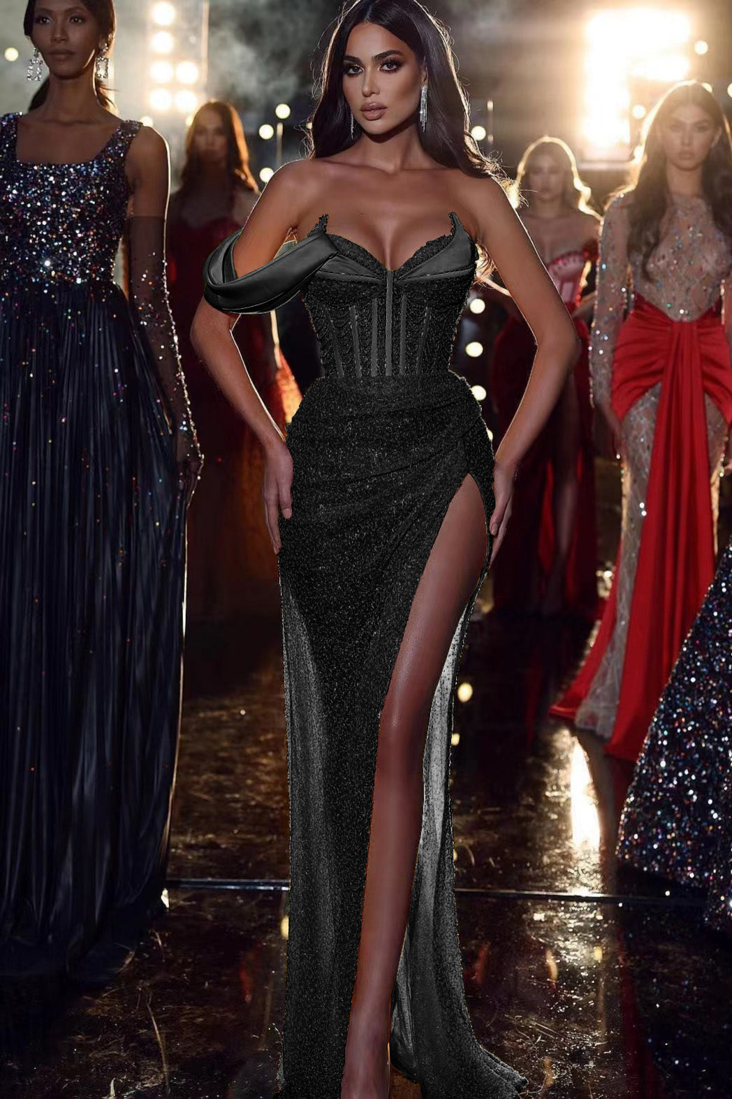 Newinlook Yellow Sweetheart Sequins One Shoulder Mermaid Evening Dress With Slit