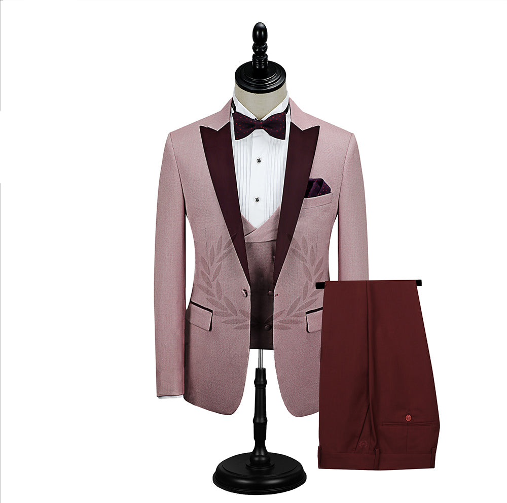 Newinlook Popular Burgundy Evening Suit with Peak Lapel and Pink One Button